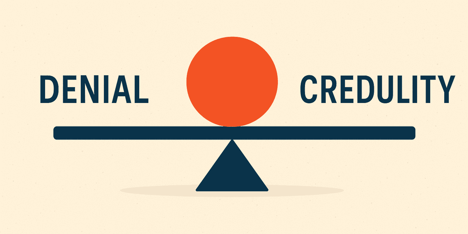 Balanced scales with the words 'denial' and 'credulity' one either side